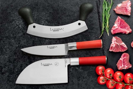 Lazbisa Mutfak Bıçak Seti Et Meyve Şef Red Craft Seri Almazan - Şef No: 2 (3'lü Set)