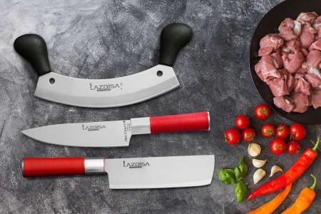 Lazbisa Mutfak Bıçak Seti Et Meyve Şef Red Craft Seri Nakiri - Şef No: 2 (3'lü Set)