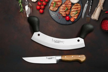 Lazbisa Mutfak Bıçak Seti Çift Tutma Et Satır ve Ahşap Sap Mutfak Bıçağı 2'Li Set