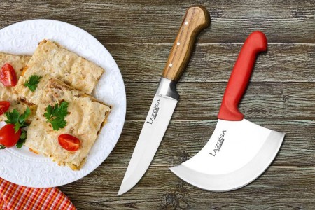 Lazbisa Mutfak Bıçak Seti Hilal Börek Satır ve Ahşap Sap Mutfak Bıçağı 2'Li Set