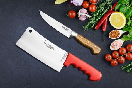 Lazbisa Mutfak Bıçak Seti Kemik Satırı ve Ahşap Sap Mutfak Bıçağı 2'Li Set