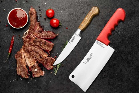 Lazbisa Mutfak Bıçak Seti Kemik Satırı ve Ahşap Sap Mutfak Bıçağı 2'Li Set