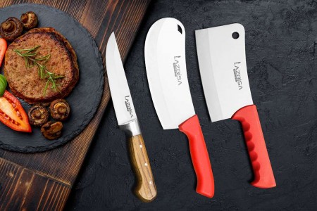 Lazbisa Mutfak Bıçak Seti Soğan - Kemik Satırı ve Ahşap Sap Mutfak Bıçağı 3'lü Set