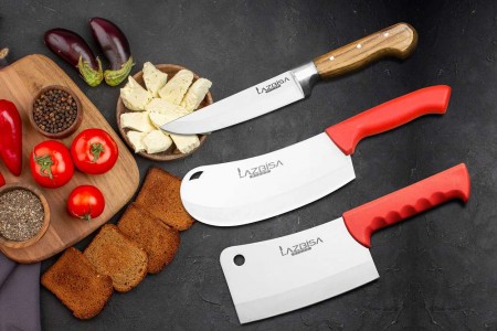 Lazbisa Mutfak Bıçak Seti Soğan - Kemik Satırı ve Ahşap Sap Mutfak Bıçağı 3'lü Set
