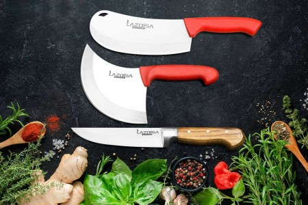 Lazbisa Mutfak Bıçak Seti Hilal Börek Soğan Satır ve Ahşap Sap Mutfak Bıçağı 3'lü Set