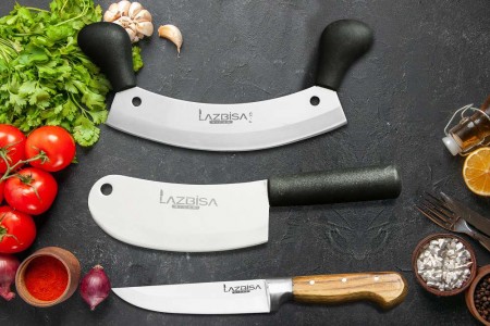 Lazbisa Mutfak Bıçak Seti Soğan - Et Kıyma Satırı ve Ahşap Sap Mutfak Bıçağı 3'lü Set