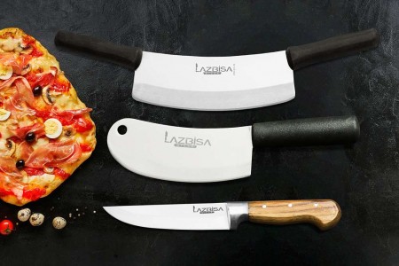 Lazbisa Mutfak Bıçak Seti Soğan - Çift Tutma Et Kıyma Satırı (20 cm) ve Ahşap Sap Mutfak Bıçağı 3'lü Set