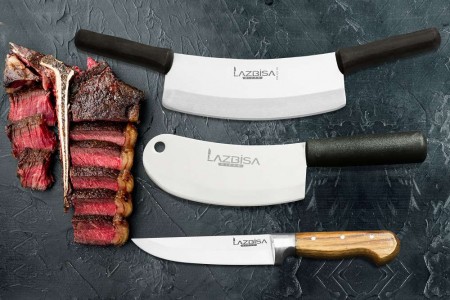 Lazbisa Mutfak Bıçak Seti Soğan - Çift Tutma Et Kıyma Satırı (35 cm) ve Ahşap Sap Mutfak Bıçağı 3'lü Set