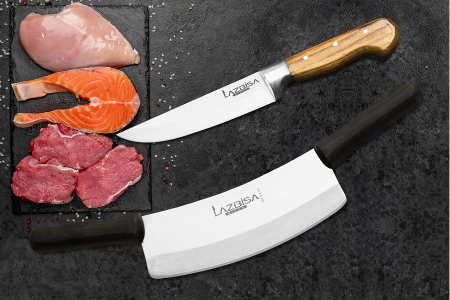 Lazbisa Mutfak Bıçak Seti Çift Tutma Et Kıyma Satırı (25 cm) ve Ahşap Sap Mutfak Bıçağı 2'Li Set