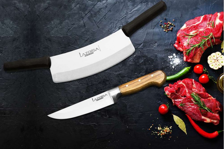 Lazbisa Mutfak Bıçak Seti Çift Tutma Et Kıyma Satırı (30 cm) ve Ahşap Sap Mutfak Bıçağı 2'Li Set