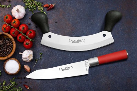 Lazbisa Mutfak Bıçak Seti Et Kıyma Börek Satırı Red Craft Şef Bıçağı Eğri Santaku 2'Li Set