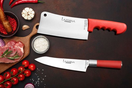 Lazbisa Mutfak Bıçak Seti Et Kıyma Satırı - Red Craft Şef Bıçağı Eğri Santaku 2'Li Set