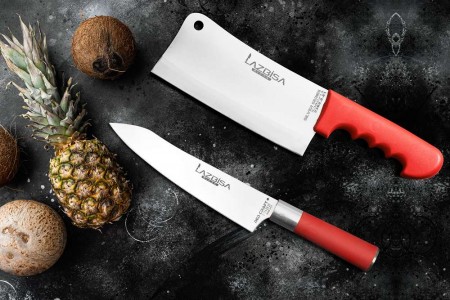Lazbisa Mutfak Bıçak Seti Et Kıyma Satırı - Red Craft Şef Bıçağı Eğri Santaku 2'Li Set