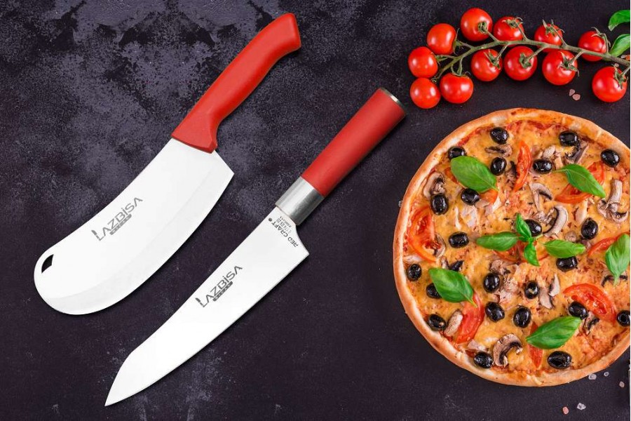 Lazbisa Mutfak Bıçak Seti Börek Soğan Satırı - Red Craft Şef Bıçağı Eğri Santaku 2'Li Set
