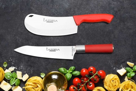 Lazbisa Mutfak Bıçak Seti Börek Soğan Satırı - Red Craft Şef Bıçağı Eğri Santaku 2'Li Set