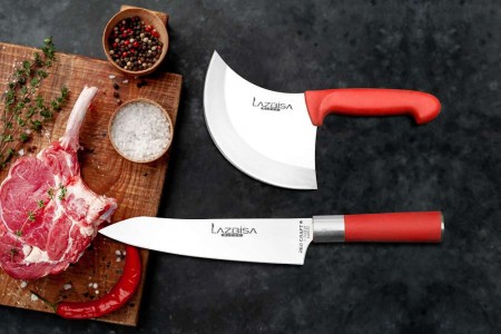 Lazbisa Mutfak Bıçak Seti Hilal Börek - Red Craft Şef Bıçağı Eğri Santaku 2'Li Set