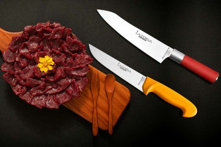 Lazbisa Mutfak Bıçak Seti Mutfak Bıçağı - Red Craft Şef Bıçağı Eğri Santaku 2'Li Set