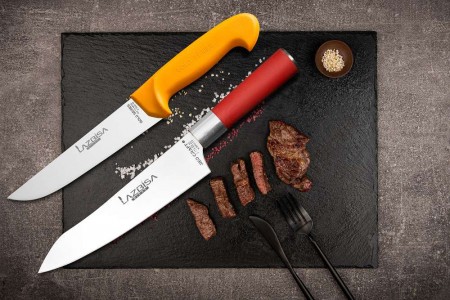 Lazbisa Mutfak Bıçak Seti Mutfak Bıçağı - Red Craft Şef Bıçağı Eğri Santaku 2'Li Set