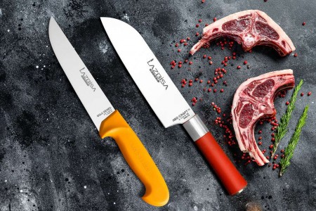 Lazbisa Mutfak Bıçak Seti Mutfak Bıçağı - Red Craft Şef Bıçağı Santaku 2'Li Set