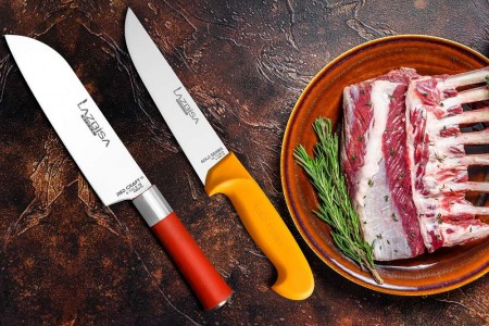 Lazbisa Mutfak Bıçak Seti Mutfak Bıçağı - Red Craft Şef Bıçağı Santaku 2'Li Set