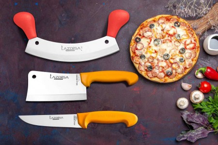 Lazbisa Mutfak Bıçak Seti Kemik Kıyma Pizza Satırı - Gold Serisi Şef Bıçağı (3'lü Set)