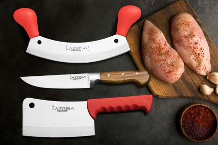 Lazbisa Mutfak Bıçak Seti Kemik Kıyma Pizza Satırı - Ahşap Sap Mutfak Bıçağı (3'lü Set)