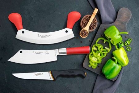 Lazbisa Mutfak Bıçak Seti Kemik Kıyma Satırı - Red Craft Action - Platinum Serisi Mutfak Bıçağı (3'lü Set)