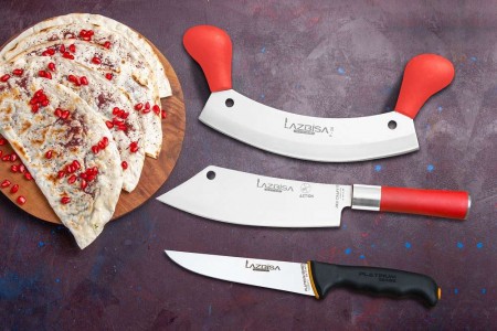 Lazbisa Mutfak Bıçak Seti Kemik Kıyma Satırı - Red Craft Action - Platinum Serisi Mutfak Bıçağı (3'lü Set)