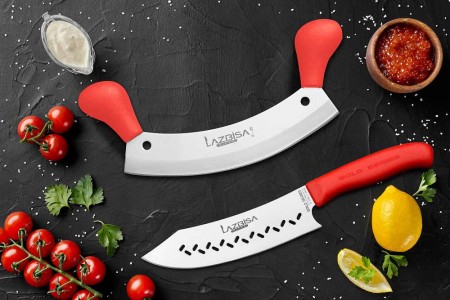 Lazbisa Mutfak Bıçak Seti Et Kıyma Pizza Satırı - Gold Serisi Şef Bıçağı (2'Li Set)