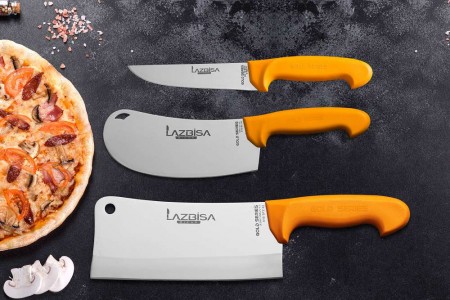 Lazbisa Mutfak Bıçak Seti Et Pide Pizza Satır ve Mutfak Bıçağı Gold Serisi 3'Lü Set 