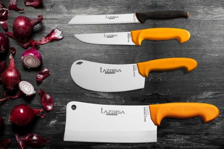 Lazbisa Mutfak Bıçak Seti Et Pide Pizza Satır ve Mutfak Bıçağı Gold Serisi 4'Lü Set 