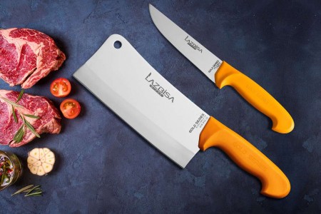 Lazbisa Mutfak Bıçak Seti Et Kemik Satırı ve Mutfak Bıçağı Gold Serisi 2 Li Set 