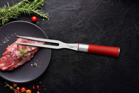 Lazbisa Mutfak Şef Bıçağı Et Servis Şef Uzun Çatal ( Red Craft Serisi)